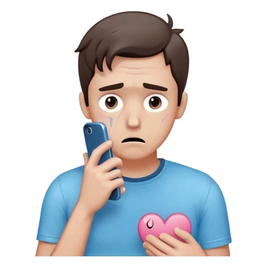 anxious man with wide worried eyes and slightly frowning mouth overthinking with sweat drops, a cracked heart symbol nearby, holding a phone in hand, body posture tense and reaching forward showing fear of abandonment, minimal soft rounded design with gentle blue and pink colors sticker