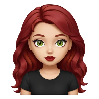 a pretty fair bratz girl with wavy dark red hair, wearing a black tee. eyeliner on, olive green eyes. Waist up sticker