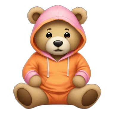 A cute light-beige teddy bear wearing an orange hoodie. His eyes are black. He's sitting on his buttocks. He has a pink sock. sticker