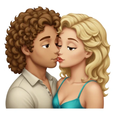 Man van 23 jaar met bruine krulletjes die een kusje geeft aan een vrouw van 23 jaar met blond middellang haar sticker