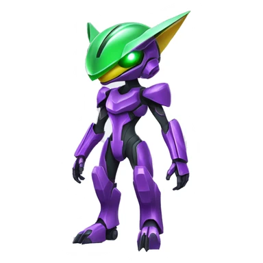 a shiny purple-green Genesect-Raptor-Fakémon—hybrid with a futuristic visor-helmet full body sticker