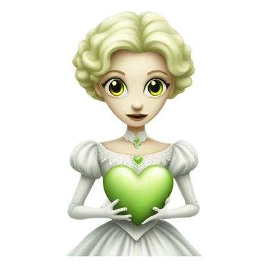 "galora green blonde alien woman" in white Victorian dress elegant, full body holdig big hearth sticker