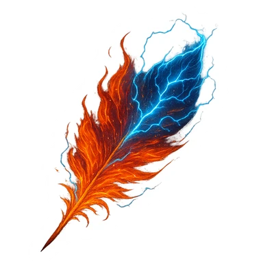 fiery phoenix feather, crackling with lightning, electric blue highlights, magical energy, detailed, vibrant, fantasy art sticker