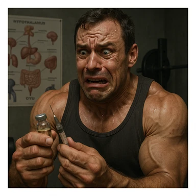  bodybuilder che si fa prendere dalla paura e fa cavolate, come una fiala ogni 2 settimane finisce che sopprimi comunque l'HPT ma senza alcun risultato visibile, iperealistica sticker