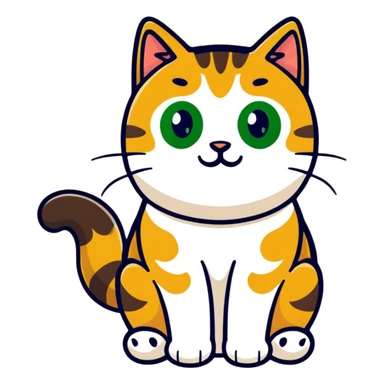 Brown, white, and black tabby cat with green eyes sitting to show its white belly, adorable sticker style sticker
