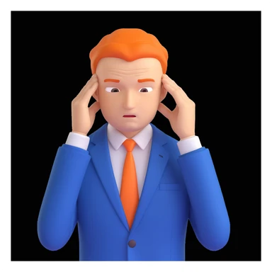 memoji style businessman in a blue suit, stressed expression, holding head sticker