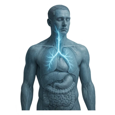realistic human body with vagus nerve highlighted, anatomical details, vagus nerve path clearly visible, cold effect with blue glow and ice crystals along the nerve, transparency showing internal organs, neutral background sticker