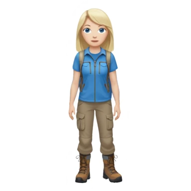45 yr old white woman, pale skin, long straight blond hair parted in center, blue eyes, bangs, clothes for hike sticker