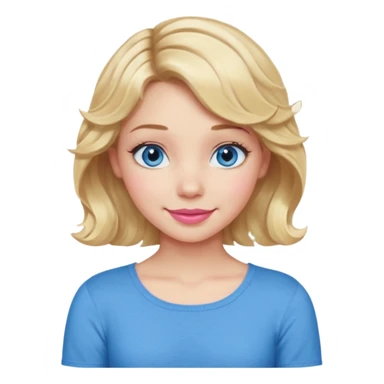 Girl Blonde short wavy hair,  blue eyes, cute blue top, long lashes, pink lips, smiling, cross arms  sticker