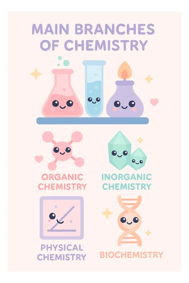A creative and unique poster about the main branches of chemistry. The poster should have a central theme that ties all the branches together, such as a laboratory setup: Organic Chemistry, Inorganic Chemistry, Physical Chemistry, Analytical Chemistry, and Biochemistry. Include icons and illustrations for each branch, such as molecular structures for Organic Chemistry, crystals or minerals for Inorganic Chemistry, graphs or equations for Physical Chemistry, laboratory equipment for Analytical Chemistry, and DNA strands or biological molecules for Biochemistry. Use a vibrant and cohesive color scheme with different colors for each branch. The layout should be clean and organized with clear headings and concise descriptions. sticker