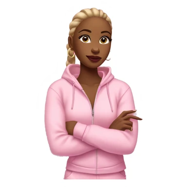 Girl emoji: pink tracksuit, hoop earrings, pink lips, lashes, nails. Poses: peace sign, nails, phone, arms crossed. full body standing sticker