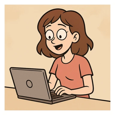 white girl with brown hair using a laptop, cartoon style, flat toon sticker