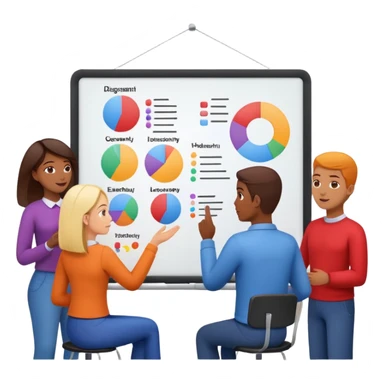 design team around a whiteboard with colorful diagrams sticker