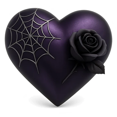 gothic heart in 3D black style, deep purple satin texture, silver spiderweb pattern, black rose accent, mysterious and elegant mood sticker