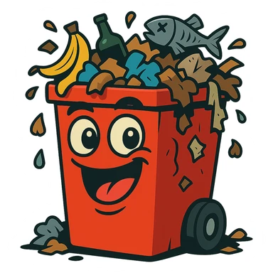 Make the red trash bin overflowing with garbage, keep the vibrant cartoon style, no background. sticker
