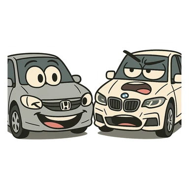 Honda and BMW cars with exaggerated expressions, comic style sticker