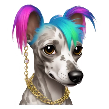 Punk Chinese crested dog neon rainbow hair gold chain piercings tattoos ear piercings sticker
