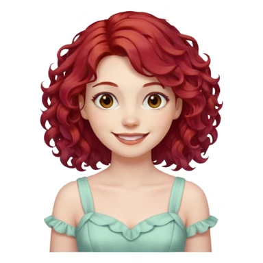 woman with shoulder length curly cherry red hair with brown eyes and pale skin smiling. pastel dress sticker