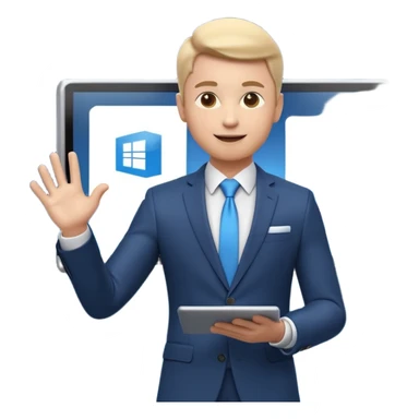 A stylized 3D emoji icon of a charismatic young male presenter on a stage, holding a tablet and gesturing enthusiastically towards a large screen behind him. The screen displays a glowing, futuristic Microsoft logo (the four squares) sticker