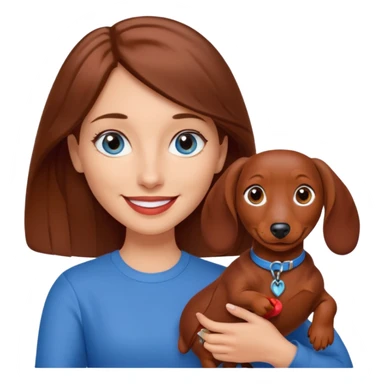 White woman with medium length brown hair and blue eyes holding a red dashound sticker