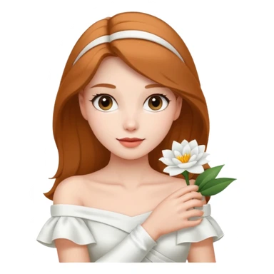 Pretty lady wearing a white silky off-the-shoulder folded neckline and holding a white flower on her right hand sticker