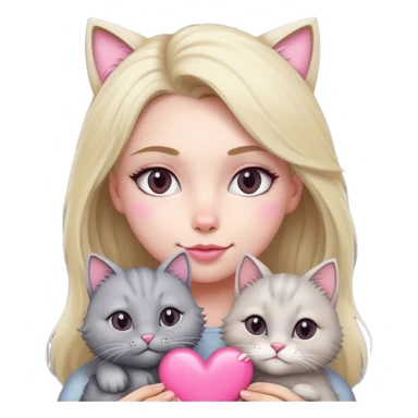 blonde woman and fluffy grey cat with a pink heart sticker