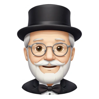 ông lão 70 tuổi, da trắng, tóc bạc, râu trắng, đội mũ ảo thuật đen, đeo kính, mặt cười mỉm sticker