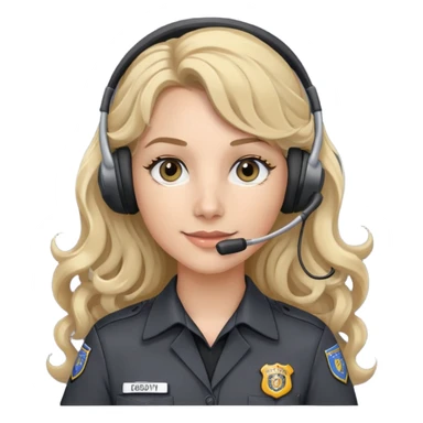 911 dispatcher dark gray uniform, gray eyes, long curly blonde hair, head set sticker