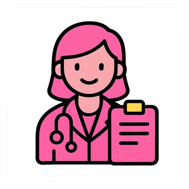 a pink-themed doctor holding a clipboard, friendly expression, modern icon sticker
