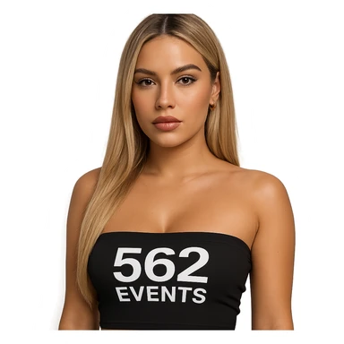 realistic baddie, blonde, in a black tube top with '562 Events' text sticker