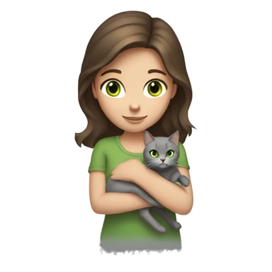brown haired girl with green eyes holding a grey cat sticker