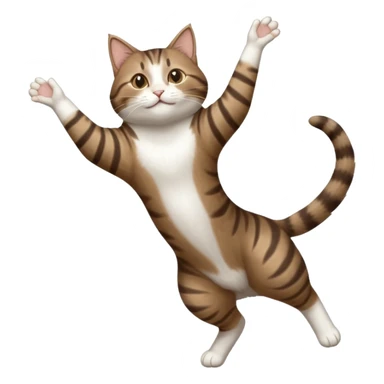 dark brown tabby and white cat with doing a big extremely long stretch reaching up into the air with arms and legs side by side together straight and overextended whilst lying on its side sticker