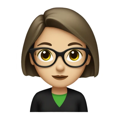 A girl with short brown hair and dark green eyes, black glasses and a black shirt sticker