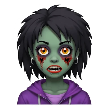 girl, zombie, black coily hair, medium long, emo, shaggy, dark, spooky, piercing on eyebrow, colourful teeth, creepy blank expression sticker