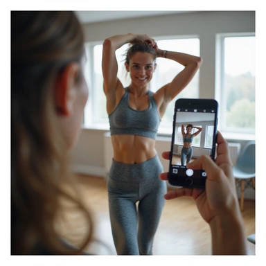 young woman in fitness clothing, side pose with raised arms, recording video check for coach with smartphone, bright and tidy environment, hyperrealistic details, 4K sticker