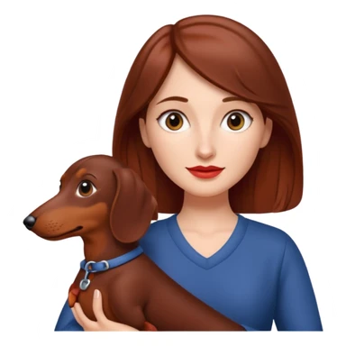 White woman with medium length brown hair holding a red dashound sticker