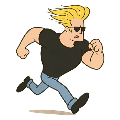 johnny bravo cartoon character, running with wind-blown hair, cartoon style sticker