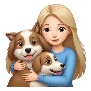 A beautiful girl with long straight hair happily hugs an Alaskan dog sticker