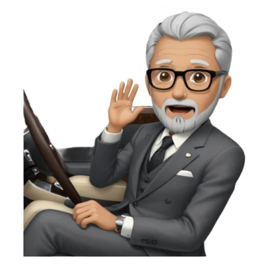 Professor Bentley Dyed black gray hair  frencb beard graying indian guy in suit sitting in a bentley car and screaming fraud. Older look around 60 yrs  with glasses slight balding sticker