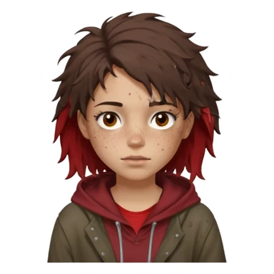 Hobo tomboy with light skin, freckles, dark brown shoulder-length hair in a messy style, brown eyes, dark brown hoodie, dull red shirt. sticker