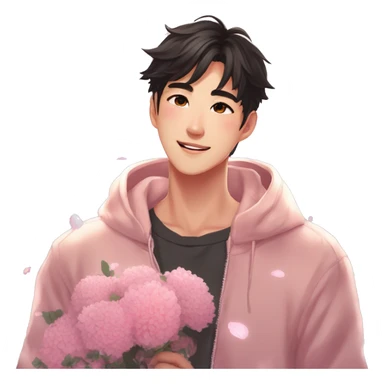 Gorgeous bright sparkly romantic Asian anime style guy with blushing face and flowers aesthetic trending style outside sticker
