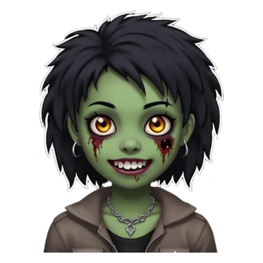 girl, zombie, black coily hair, medium long, emo, shaggy, dark, spooky,double eyebrow dermal piercing, cute illuminous smile sticker