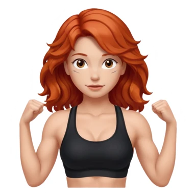 Athletic girl with long light red wavy hair and smaller boobs bigger arms. middle part and black sports bra sticker
