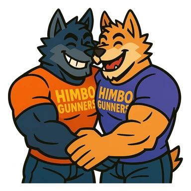 two very muscular wolf furry characters wearing t-shirts with 'Himbo gunners', hugging, big smiles, playful and affectionate sticker