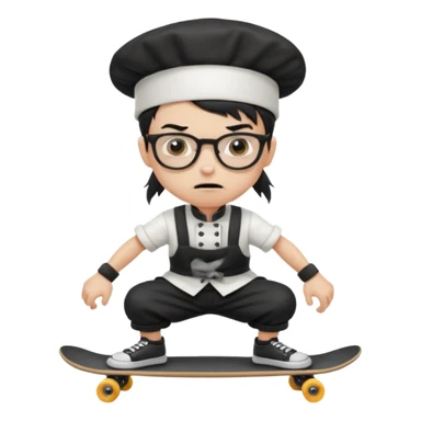 ["An angry boy , ponytail, wearing a chef hat and square glasses, dressed in goth fashion, is skateboarding while holding a backpack."] sticker