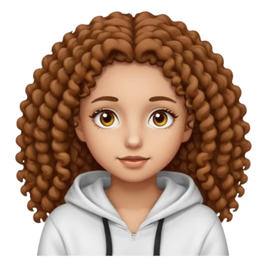 Una ragazza con una felpa semplice bianca,ha gli occhi marroni,i capelli marroni  , c’è gli ha lunghi e ricci molto ricci  ma non troppo e ha le ciglia stile emoji apple sticker