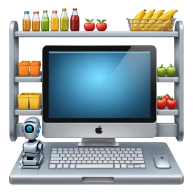 Grocery shelf design on a computer with a robot at the keyboard sticker