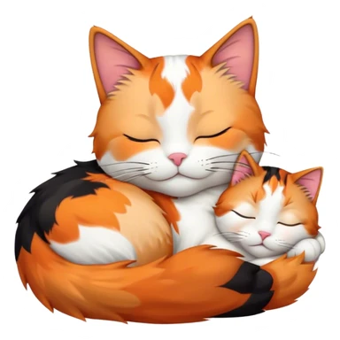 Meme-Worthy Cute Sleeping Calico Cat Portrait Emoji, Head resting peacefully with a content, gentle smile and softly closed eyes, featuring a delicate patchwork fur in vibrant orange, black, and white hues, simplified yet irresistibly endearing, highly detailed, glowing with a soft, drowsy radiance, high shine, exuding relaxed and utterly lovable charm, styled with a gentle, soft glowing outline, capturing the essence of a sleeping calico cat that appears destined to become a viral icon of adorable rest! sticker
