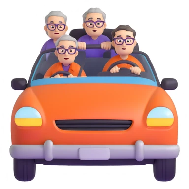 front view of an orange car with three people inside: driver male with chubby face, light stubble, purple shirt; front passenger middle-aged male with round face, gray hair, glasses, checkered shirt; rear passenger male with sharp face, black hair, glasses, black t-shirt sticker