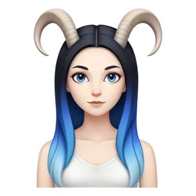 Art of a human white woman's very perfect body scheme anatomy-very long straight black to blue hair ombre-small goat horns-lean back sticker